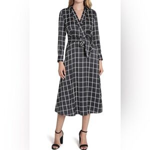 Tahari Arthur Levine Long Sleeve Surplus Windowpane Tie Waist Dress, Black, 4